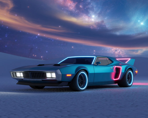 Retro-Futuristic Car in Turquoise on Surreal Landscape