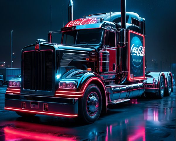 Illuminated Semi-Truck with Neon Lights in Urban Setting