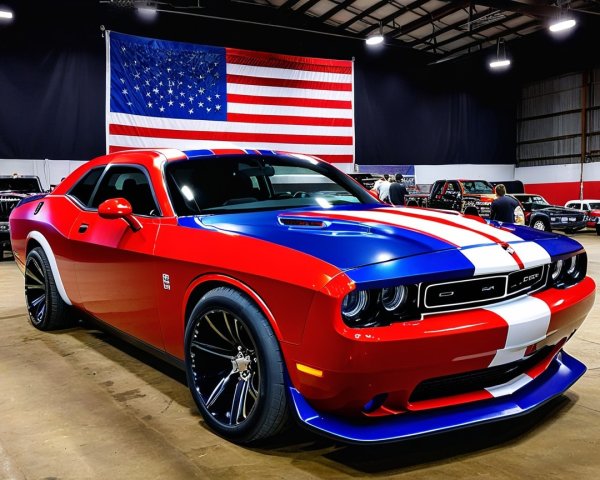 Vividly Colored Muscle Car with American Flag Backdrop