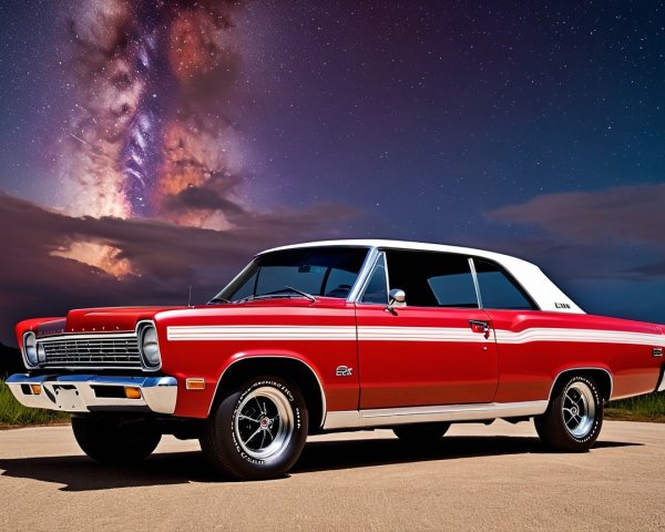 Classic Red and White Muscle Car Under Starry Sky