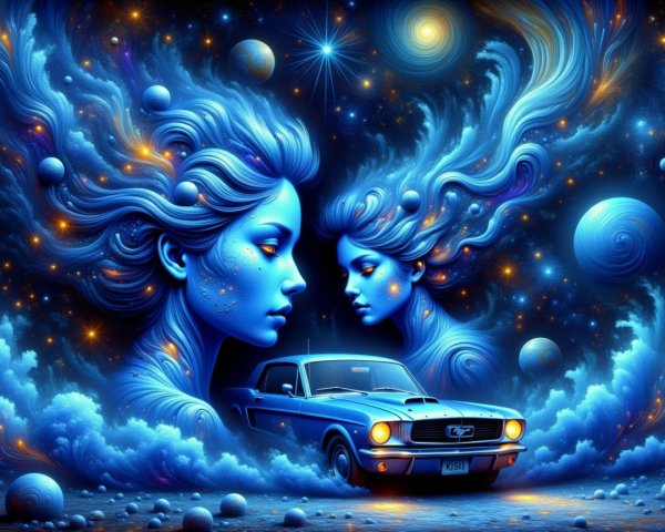 Ethereal Female Figures in Cosmic Blue Hues