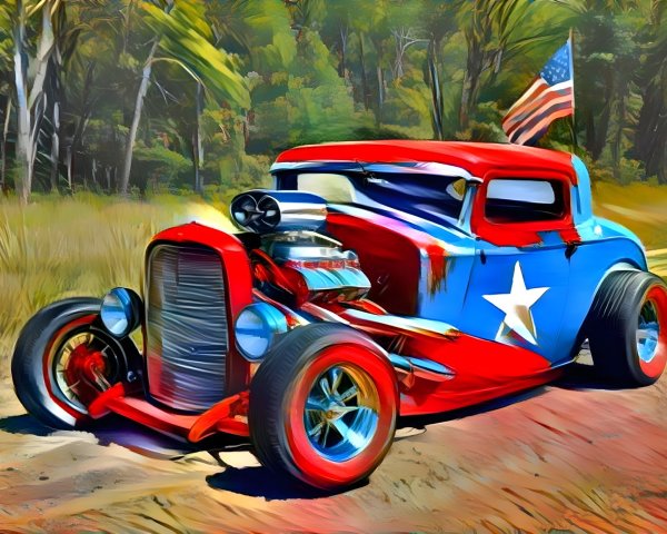 Vintage Hot Rod with Patriotic Design on Dirt Road