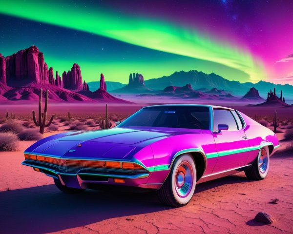 Retro Car in Desert Landscape with Aurora Sky