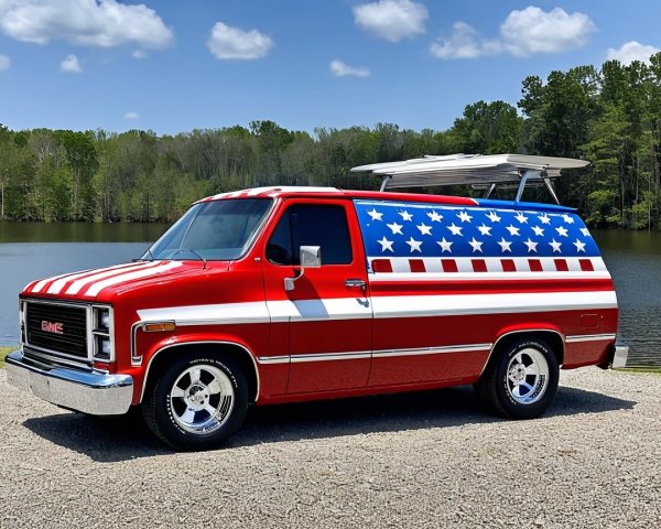 Vintage GMC Van by Serene Lake with Patriotic Design