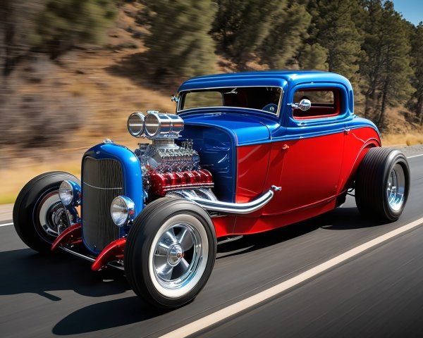 Classic Hot Rod with Blue and Red Paint Job on Road
