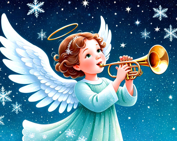 Whimsical angel with trumpet against starry night sky