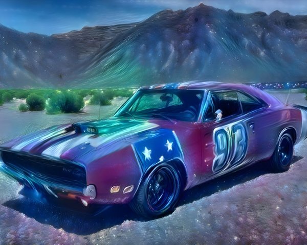 Vibrant Muscle Car in Desert Landscape at Night