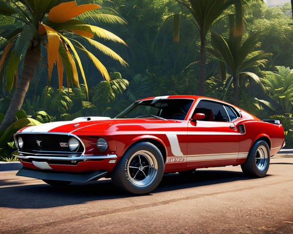 Classic Red and White Muscle Car on Tropical Street