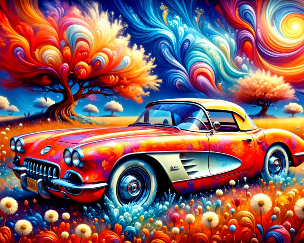 Vibrant Red Corvette in a Colorful Flower Field