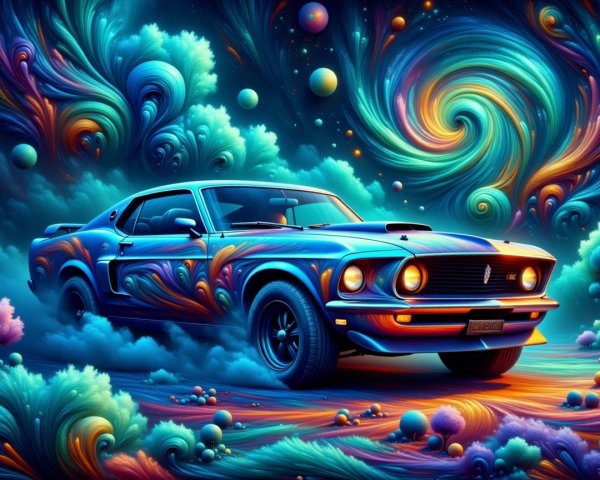 Vintage Muscle Car in Cosmic Psychedelic Landscape