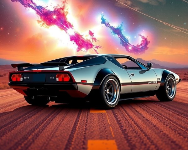 Classic Sports Car on Desert Highway with Cosmic Backdrop