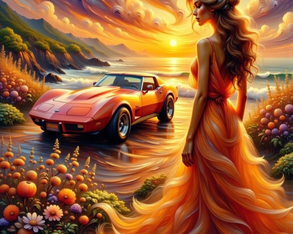 Sunset Scene with Woman, Sports Car, and Coastline