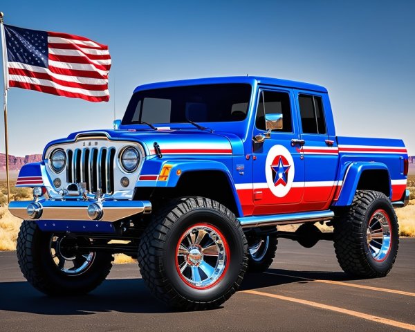 Custom Jeep Truck with Star Motifs on Desert Highway