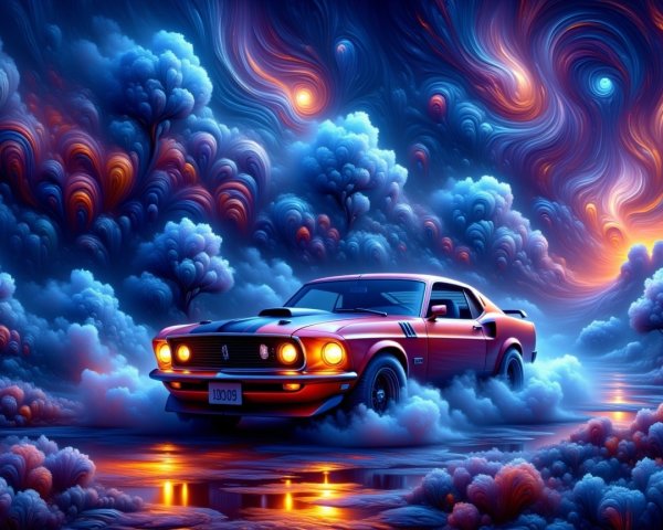Classic Red Muscle Car in Dreamlike Landscape