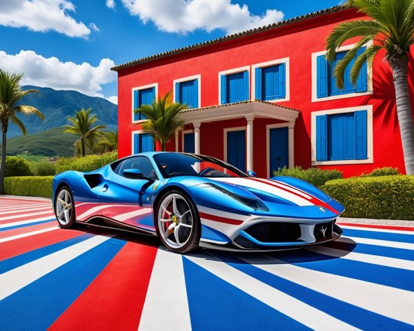 Sleek Sports Car in Front of Red Villa and Mountains