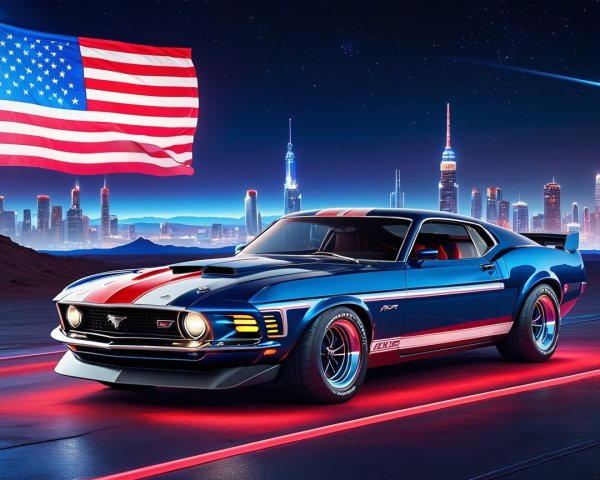 Classic 1970s Muscle Car with Futuristic Skyline Backdrop
