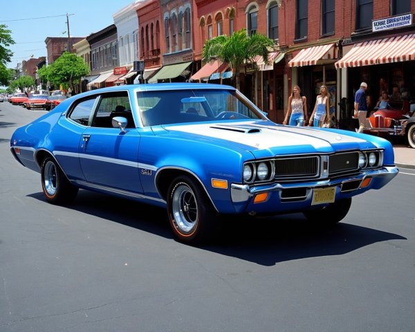 Classic Blue and White Muscle Car on Vintage Street