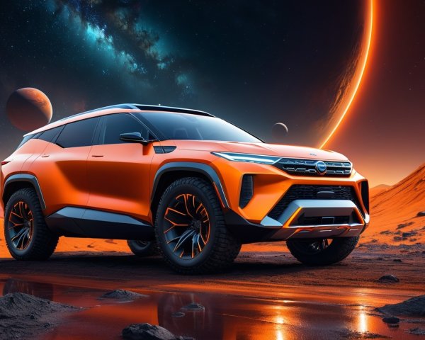 Futuristic Orange SUV in Extraterrestrial Landscape