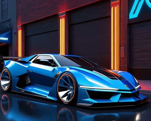 Futuristic Blue Sports Car in Urban Night Setting