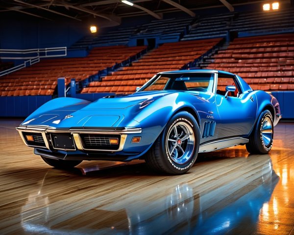 Classic Blue Corvette on Polished Gym Floor