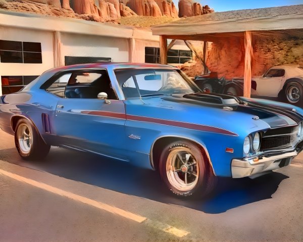 Classic blue muscle car under rustic shelter