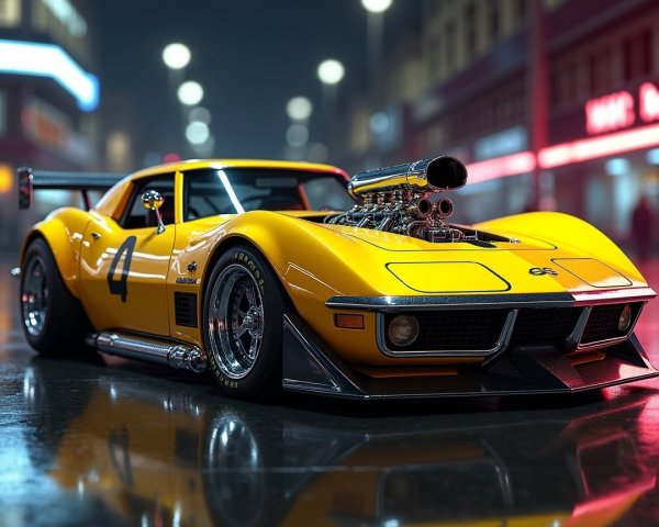 Yellow Sports Car on Reflective Wet Street at Night