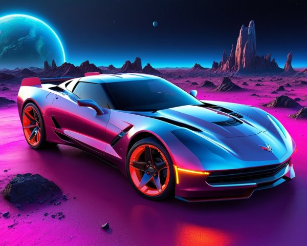 Futuristic Car on Alien Landscape with Distant Planet