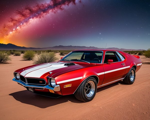 Classic Red Muscle Car in Desert Landscape at Night
