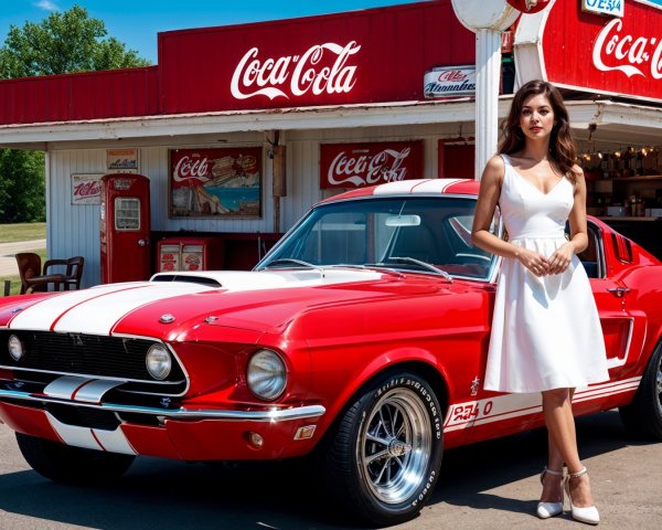 Red Vintage Mustang at Classic Coca-Cola Gas Station