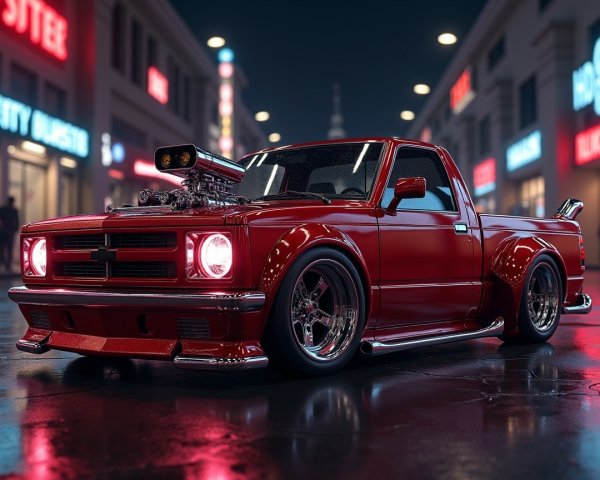 Retro Pickup Truck in Vibrant City Street at Night