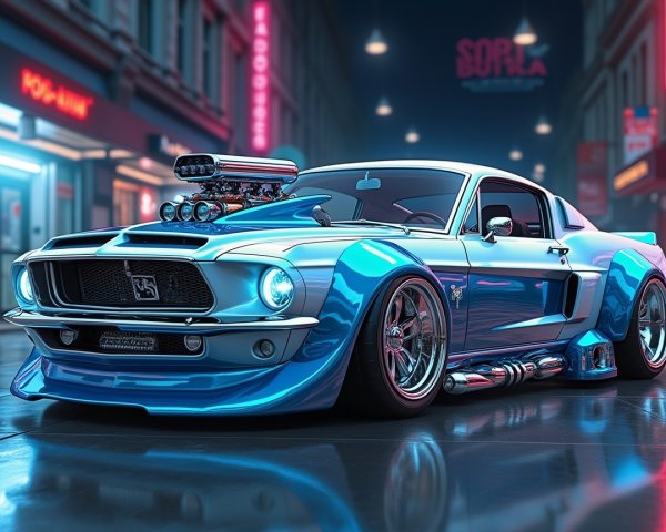 Vintage Blue Muscle Car on Neon-Lit Street at Night