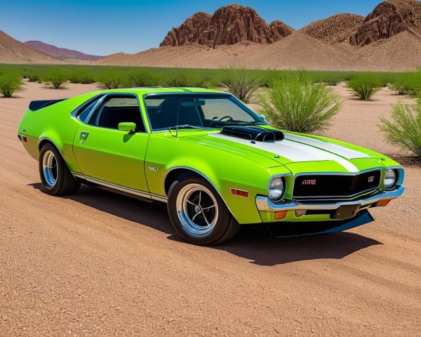 Vibrant Green Classic Muscle Car in Desert Landscape