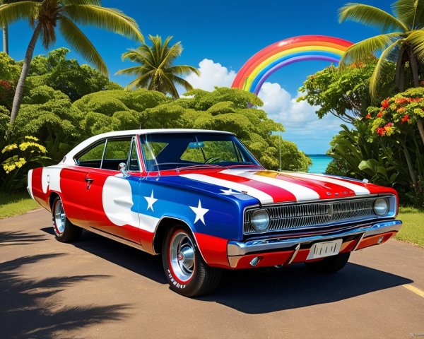Classic Car in Tropical Paradise with Rainbow Backdrop