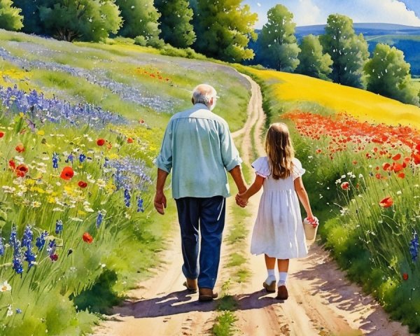 Old Man and Young Girl Walking in Wildflower Field