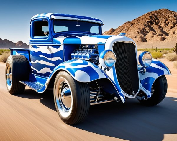 1930s Pickup Truck with Blue Flame Paint in Desert