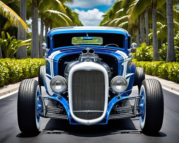Vintage Hot Rod with Blue and White Exterior Displayed