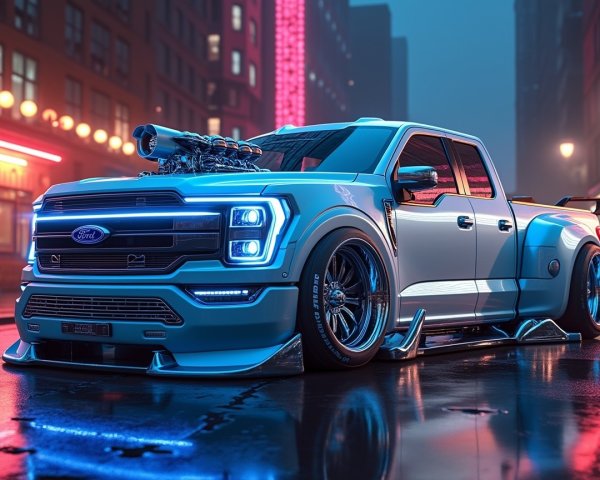 Modified Ford Truck in Neon Urban Setting