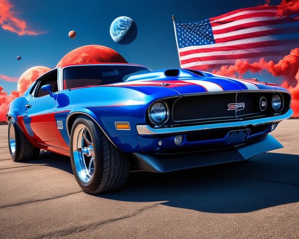 Blue and red muscle car in futuristic landscape