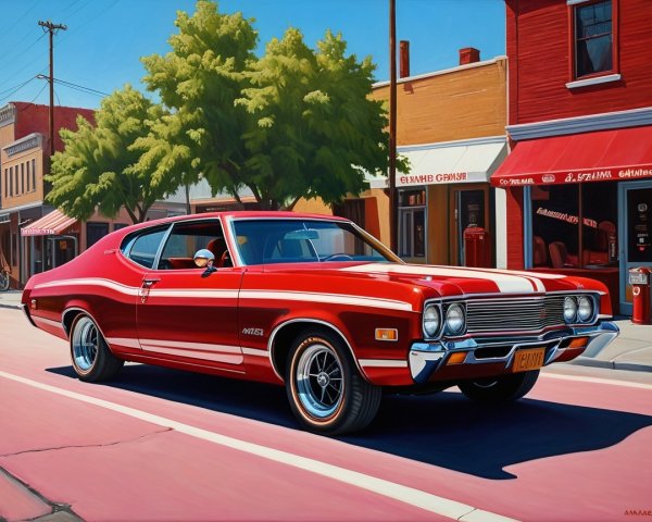 Vibrant Red Classic Car on Sunny Street Scene