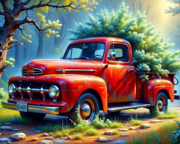 Vintage Red Pickup Truck on Serene Forest Path