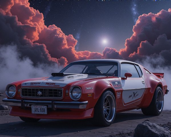 Vintage Red and White Race Car on Rugged Terrain
