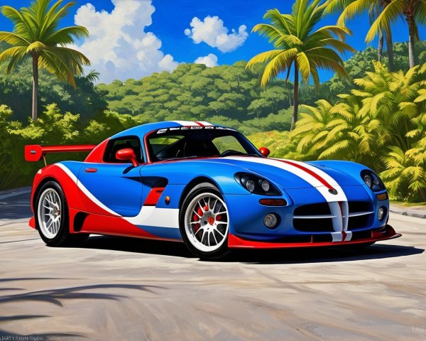 Blue Sports Car with Racing Stripes in Tropical Setting