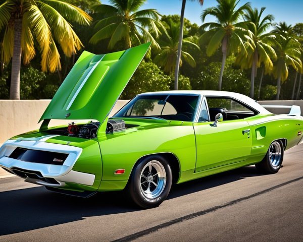 Classic Green Muscle Car on Tropical Street