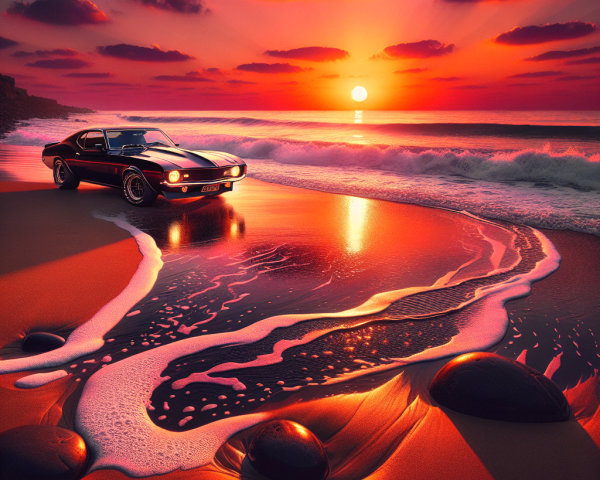 Classic Black Car on Beach at Sunset with Waves