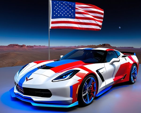 Modern sports car in futuristic desert with flag