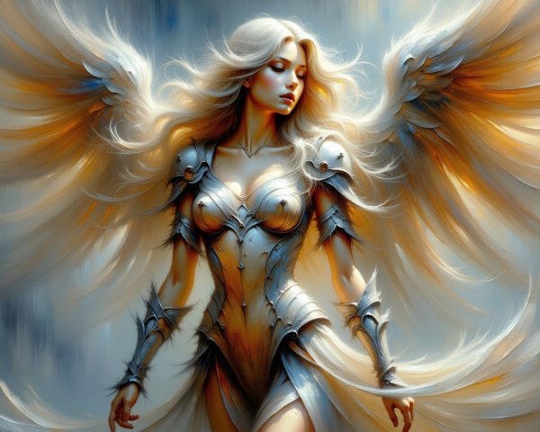 Majestic Angelic Figure with Silver Armor and Wings