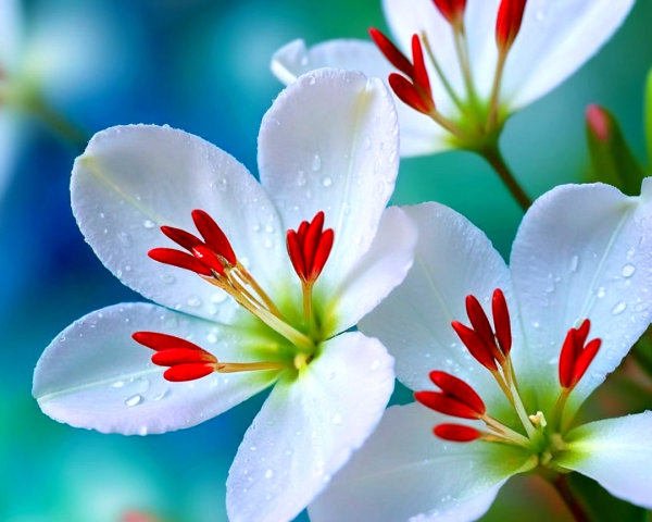 Delicate white flowers with red anthers and water droplets
