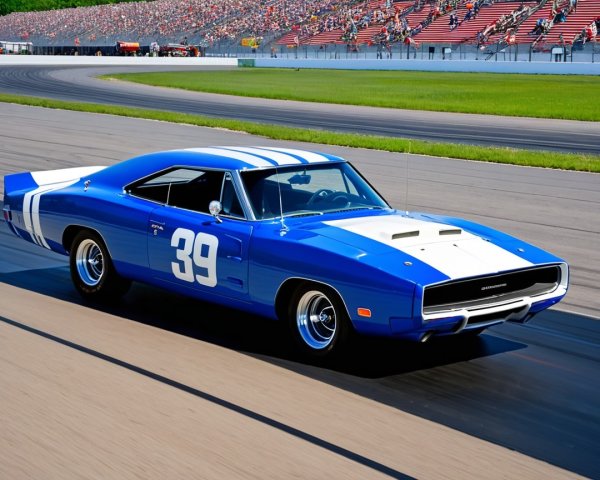 Classic Blue Muscle Car with Racing Stripes at Racetrack