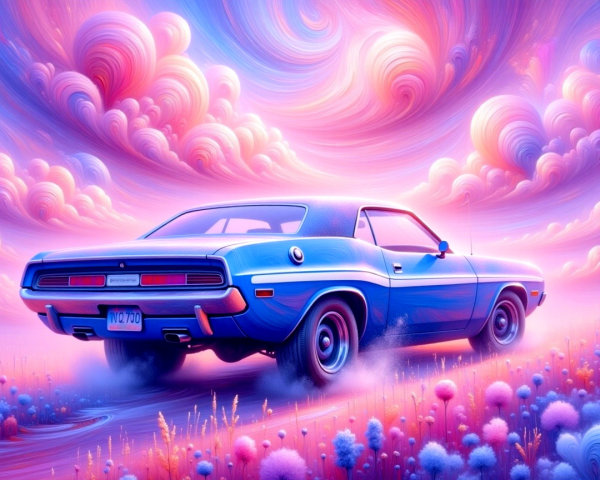 Blue Muscle Car in Surreal Pink and Purple Landscape