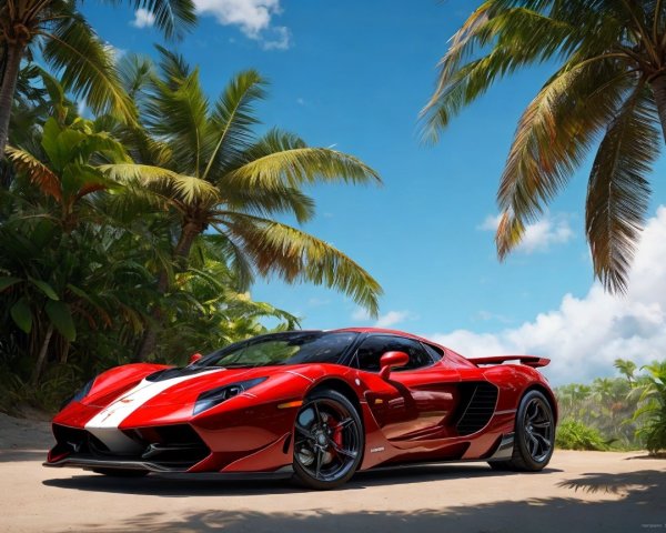 Red Sports Car on Beach with Palm Trees and Blue Sky